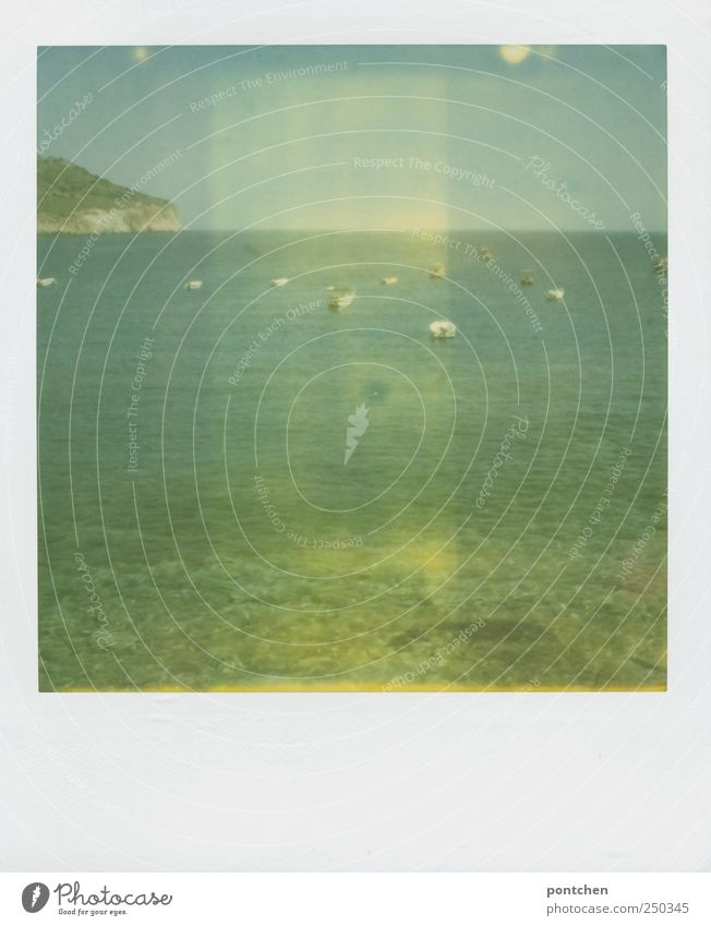 Polaroid. View from the pebble beach to the sea with sailing boats. Holiday Vacation & Travel Summer Summer vacation Ocean Work and employment Navigation Nature