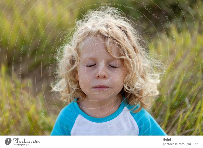 Small child with long blond hair Happy Beautiful Face Summer Child Human being Baby Boy (child) Man Adults Infancy Environment Nature Plant Blonde Think Smiling