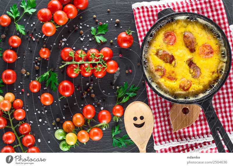 frying pan with fried omelette Vegetable Breakfast Lunch Dinner Pan Spoon Table Eating Fresh Above Yellow Green Red Tradition Omelette Scrambled eggs Tomato