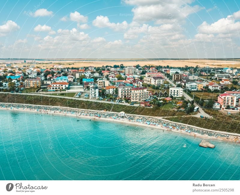 Aerial View Of Costinesti Beach Resort In Romania At The Black Sea Aircraft Vantage point Sand Background picture Water Above Ocean Vacation & Travel Blue