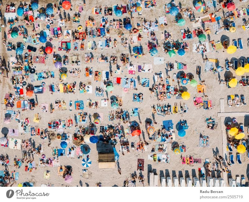 Aerial Summer View Of Crowded Beach Full Of People Aircraft Vantage point Human being Above Vacation & Travel Ocean Background picture crowd Sand Water Blue