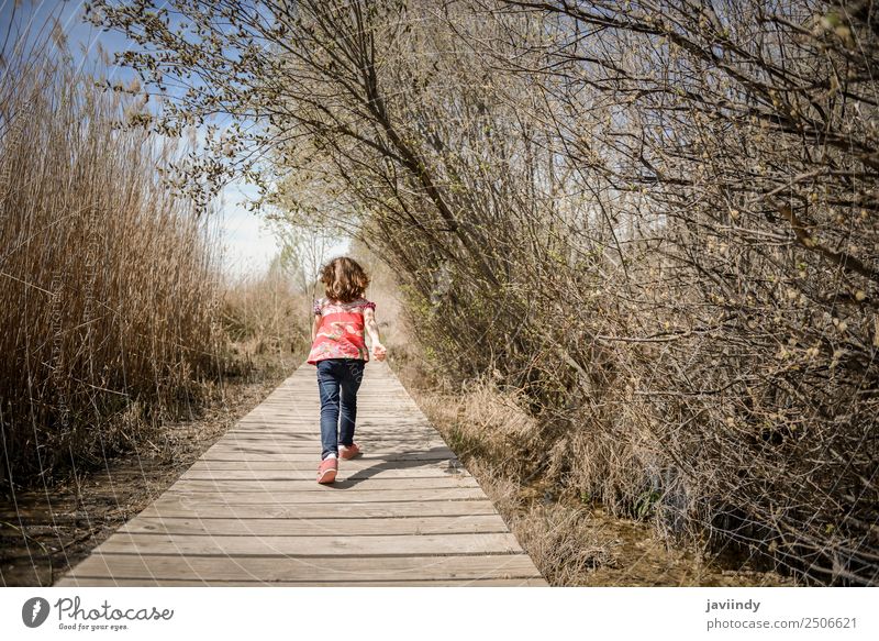Little girl walking on a path of wooden boards in a wetland Lifestyle Joy Happy Beautiful Leisure and hobbies Summer Child Girl Infancy 1 Human being