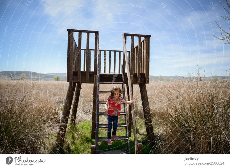 Little girl climbing to a wooden observation tower in a wetland Lifestyle Joy Happy Beautiful Leisure and hobbies Summer Child Girl Infancy Hand 1 Human being