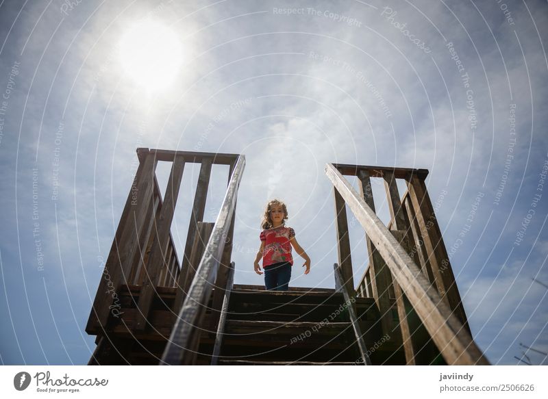 Little girl climbing to a wooden observation tower in a wetland Lifestyle Joy Happy Beautiful Leisure and hobbies Summer Child Girl Infancy 3 - 8 years Nature
