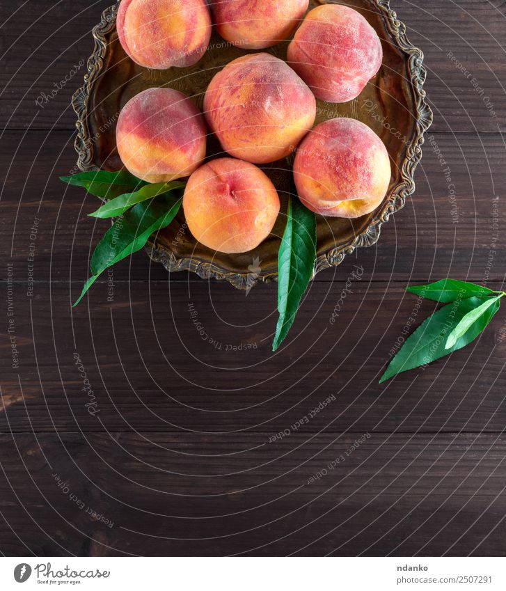 fresh ripe peaches Fruit Dessert Nutrition Vegetarian diet Bowl Wood Eating Fresh Natural Juicy Yellow Green Red Peach Raw Mature sweet background