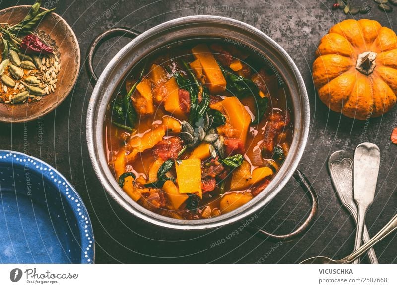 Pumpkin stew Food Vegetable Soup Stew Nutrition Lunch Banquet Organic produce Vegetarian diet Diet Crockery Pot Cutlery Style Design Healthy Eating Cooking