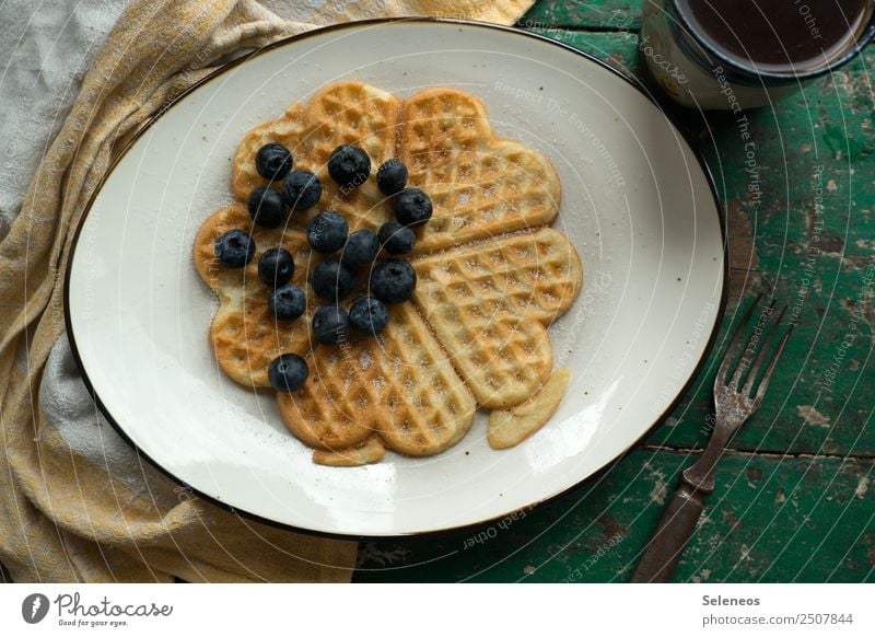 Weekend breakfast Food Fruit Dough Baked goods Waffle Blueberry Sugar Coffee Nutrition Eating Breakfast To enjoy Delicious Sweet Colour photo Interior shot