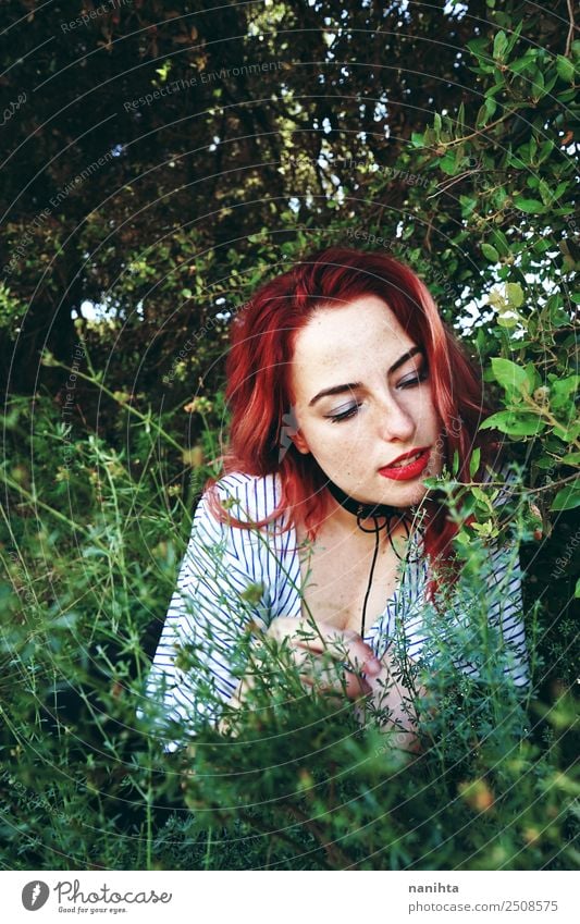 Young redhead woman surrounded by plants Lifestyle Elegant Style Harmonious Well-being Senses Relaxation Human being Feminine Young woman Youth (Young adults) 1