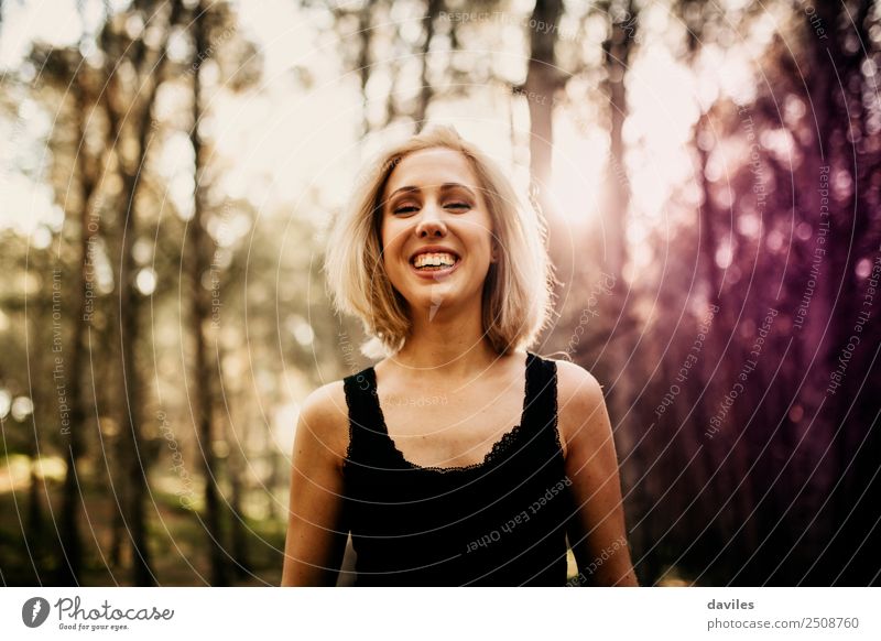 Portrait of happy young blonde girl smiling and laughing in the forest Lifestyle Joy Wellness Freedom Human being Feminine Young woman Youth (Young adults) 1