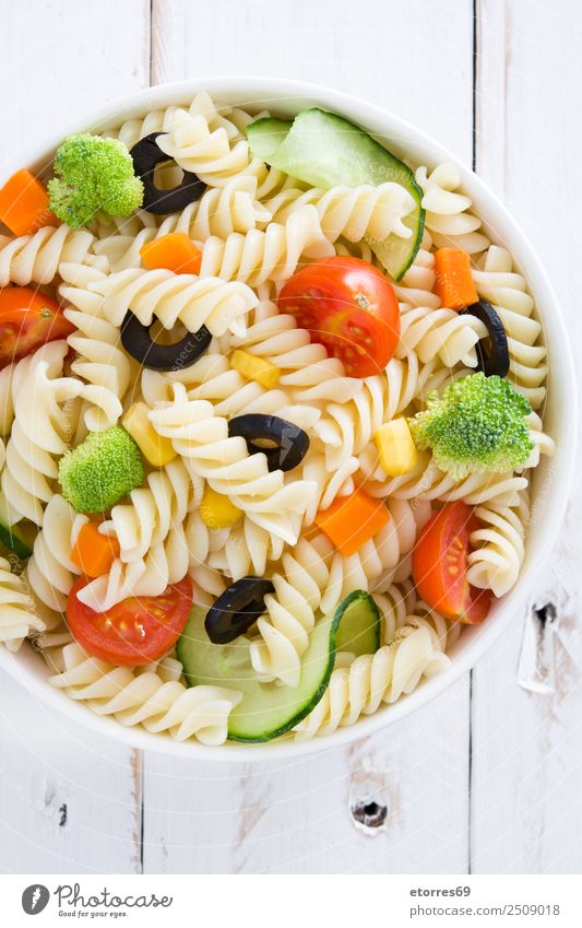Pasta salad on white wooden table Food Healthy Eating Food photograph Dish Vegetable Lettuce Salad Dough Baked goods Nutrition Vegetarian diet Bowl Summer Fresh