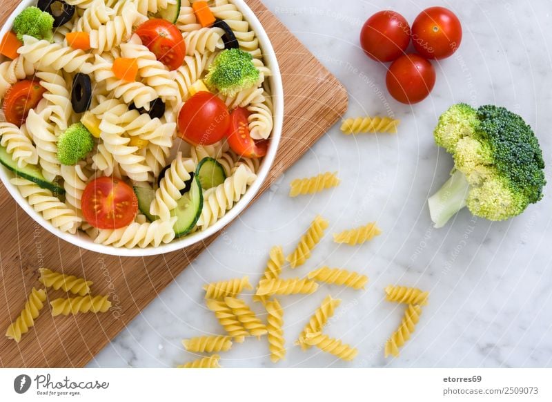 Pasta salad and ingredients Food Vegetable Lettuce Salad Dough Baked goods Nutrition Vegetarian diet Summer Fresh Healthy Green Red Tomato Cucumber Broccoli
