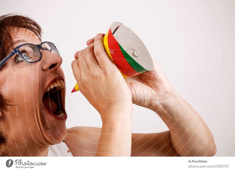 Woman screaming in carnival hat Party Event Feasts & Celebrations Carnival Adults Face Hand Eyeglasses To talk To hold on Communicate Scream Aggression