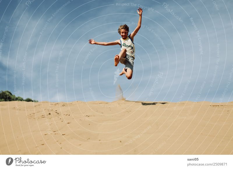 Yipihh Joy Vacation & Travel Adventure Freedom Success Boy (child) Body 1 Human being 8 - 13 years Child Infancy Landscape Sand Sky Summer Desert Discover Jump