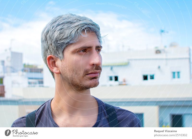Portrait of gray haired caucasian man. Masculine Young man Youth (Young adults) Man Adults 1 Human being 18 - 30 years Sky Clouds Sunlight Spring Building