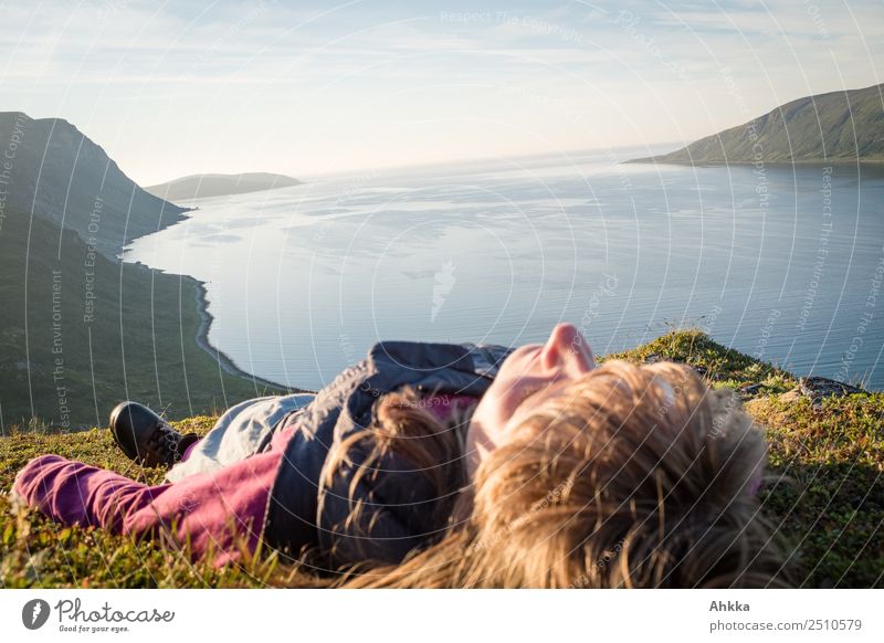 Midnight sunbath by the fjord Harmonious Well-being Contentment Senses Relaxation Calm Vacation & Travel Young woman Youth (Young adults) Fjord Ocean
