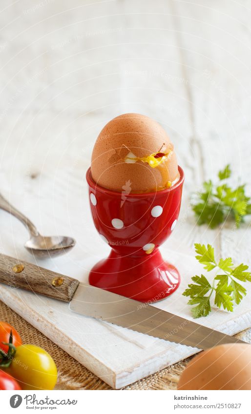 Soft-boiled egg Nutrition Breakfast Spoon Wood Fresh Bright Delicious Yellow Red White Tradition Cooking broken continental Crack & Rip & Tear Cut Eggshell food