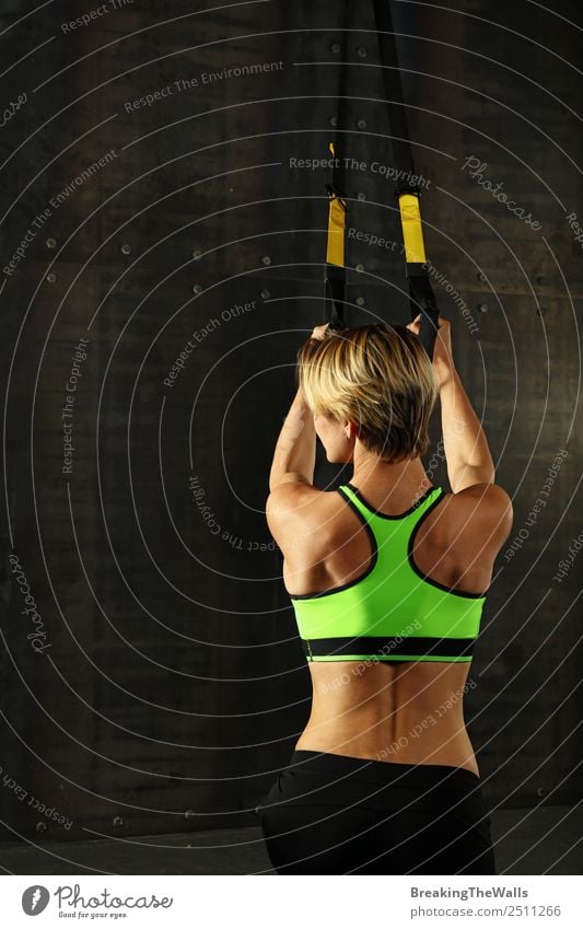 Rear view portrait of one young athletic woman at crossfit training,  exercising with trx suspension fitness straps over dark background - a Royalty  Free Stock Photo from Photocase