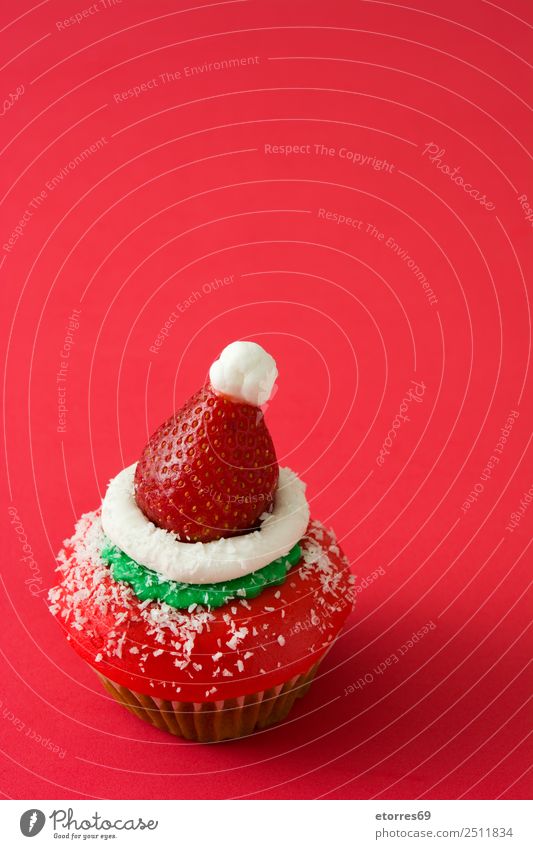 Christmas cupcake Food Fruit Dessert Candy Christmas & Advent Good Sweet Green Red Cupcake Muffin Santa Claus Hat Baked goods Tasty Strawberry Copy Space Sugar