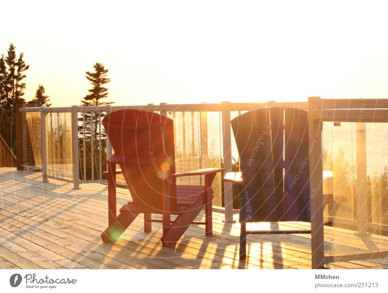 A place in the sun Summer Summer vacation Flat (apartment) Furniture Chair Terrace Balcony Handrail Cloudless sky Tree Garden Relaxation To enjoy Illuminate