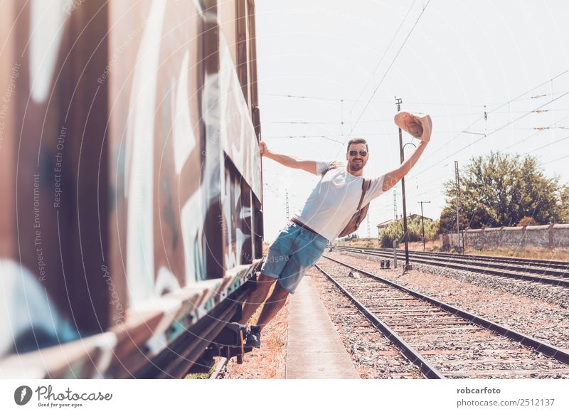 man traveling in train carriage Happy Vacation & Travel Business Human being Man Adults Transport Street Car Railroad Old Movement Modern White Dangerous