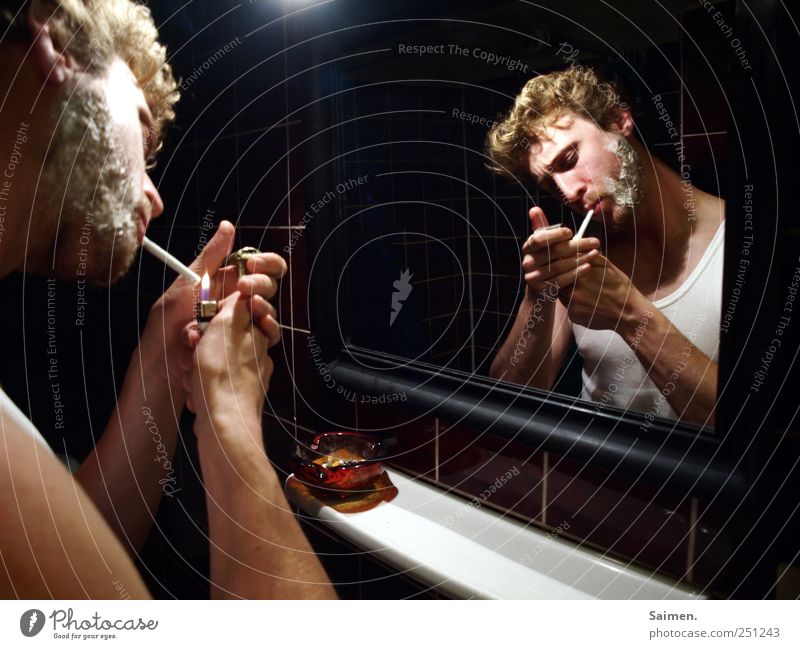 shave Human being Masculine Man Adults 1 Smoking Ashtray Fine rib Lighter Ignite Mirror Mirror image Bathroom Addiction Intoxicant Cigarette Facial hair Shave