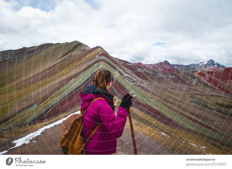 Woman on the top of the Rainbow Mountain, Peru. Lifestyle Athletic Vacation & Travel Tourism Trip Adventure Far-off places Freedom Sightseeing Expedition Winter