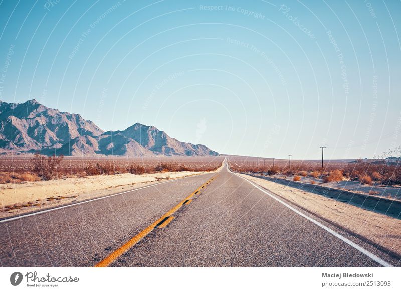 Retro stylized picture of a desert road, USA Vacation & Travel Trip Adventure Far-off places Freedom Expedition Mountain Landscape Sky Cloudless sky Horizon