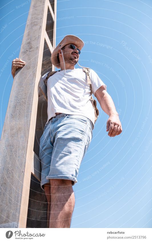 man climbed a metal tower Lifestyle Joy Happy Adventure Freedom Summer Mountain Sports Success Human being Man Adults Hand Nature Landscape Sky Jump Black White