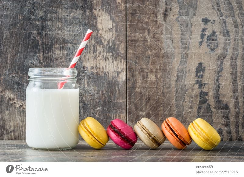 French macarons and milk Food Food photograph Dish Baked goods Cake Dessert Healthy Eating Decoration Wood Delicious Sweet Candy Pink Colour Tradition Macaron