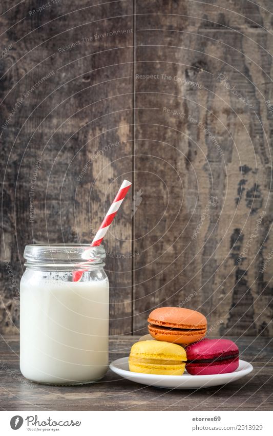 Macarons and milk glass Food Dish Food photograph Baked goods Cake Dessert Healthy Eating Decoration Wood Delicious Sweet Candy Pink Colour Tradition French