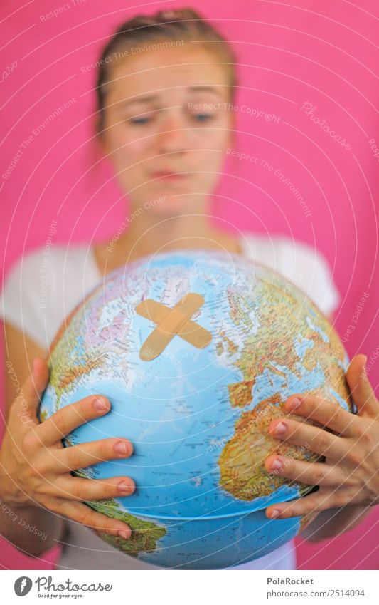 #A2# Woman looks at globe, bruised and hurt Art Work of art Esthetic Earth Universe Map of the World Around-the-world trip World exposition Environment