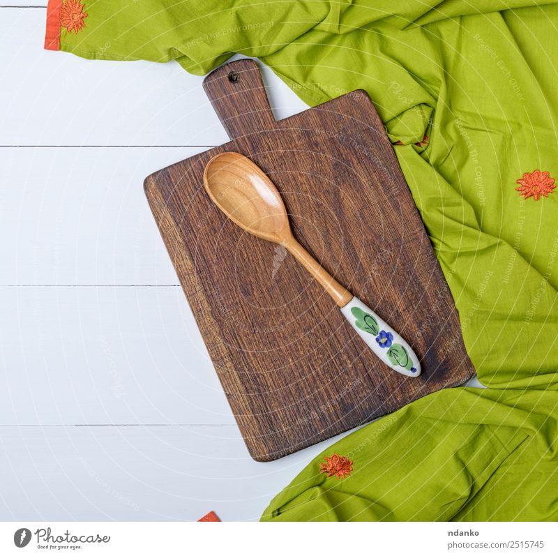 old kitchen cutting board Spoon Kitchen Wood Old Above Retro Brown Green Napkin Plank utensil Towel Object photography empty food vintage cooking Consistency