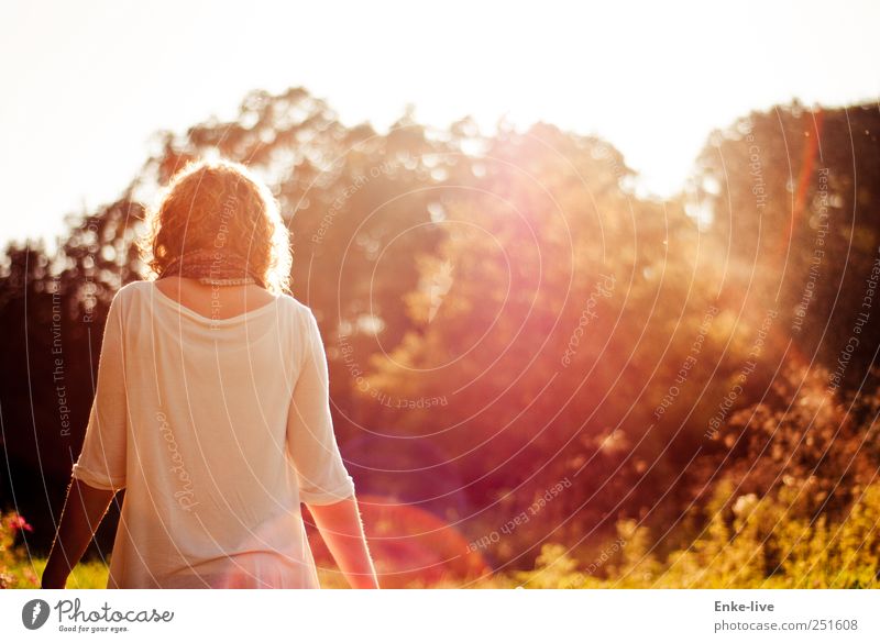 against the light Human being Young woman Youth (Young adults) Woman Adults 1 Nature Beautiful weather Grass Bushes Foliage plant Park Meadow Blonde Curl