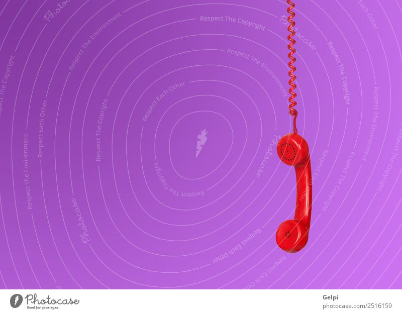 Red telephone cable hanging isolated on purple background Office Telecommunications Business To talk Telephone Technology Plastic Line Old Listening Communicate