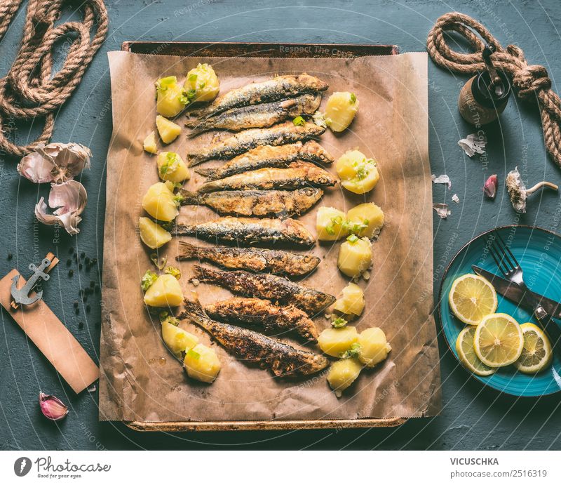 Fried sardines with potatoes and lemon Food Fish Herbs and spices Nutrition Lunch Dinner Crockery Style Design Table Kitchen Simple Sardine Cooking Roasted