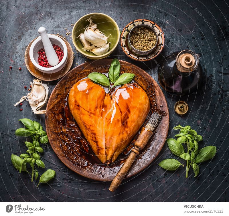 Marinated heart-shaped chicken breast fillet with rubbing brush Food Meat Herbs and spices Cooking oil Nutrition Organic produce Diet Crockery Style Design