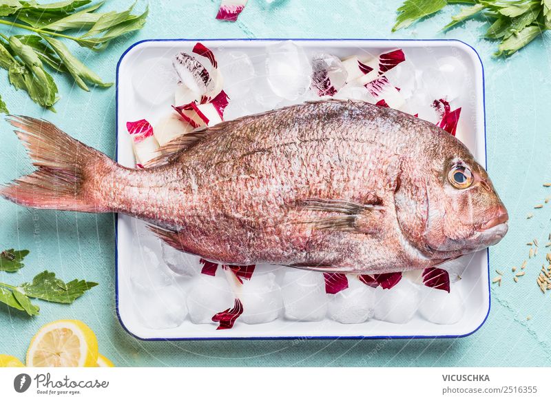 Pink Dorado on ice cubes with ingredients Food Fish Nutrition Lunch Dinner Banquet Style Design Healthy Eating Kitchen Restaurant Gourmet Cooking Lemon