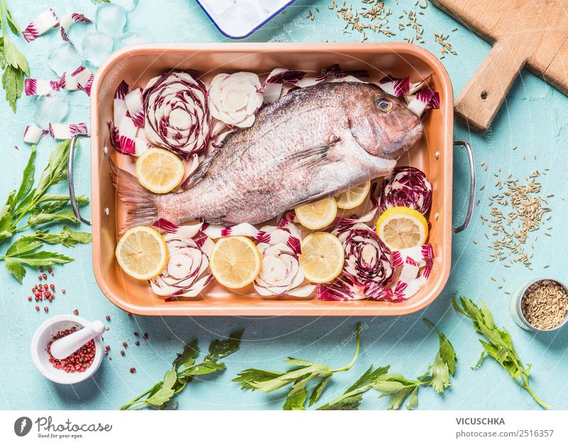 Rosa Dorado Fish in baking tin Food Vegetable Herbs and spices Cooking oil Nutrition Lunch Dinner Banquet Organic produce Vegetarian diet Diet Style Design