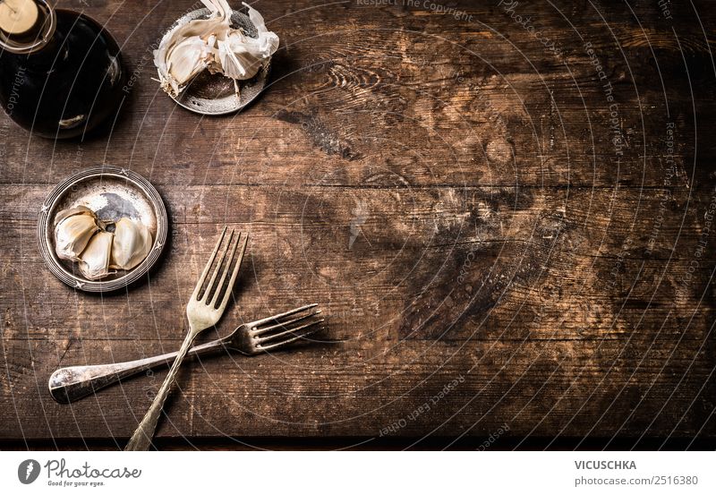Rustic wood background with fork Food Herbs and spices Cooking oil Nutrition Fork Style Design Restaurant Retro Background picture Vintage Wood Table