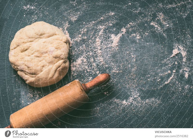 Dough and dough roll on the table with flour Food Baked goods Nutrition Style Design Table Kitchen Feasts & Celebrations Background picture Pizza Rolling pin