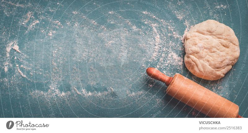 Dough and dough roll on blue with flour Food Baked goods Nutrition Style Design Table Flag Background picture Pizza Bread Baking Bakery Cake Cookie Flour