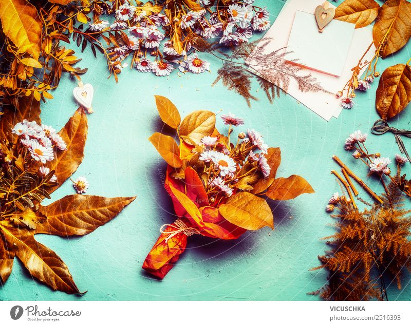 Autumn flowers and leaves decoration with bunch of flowers Style Design Decoration Table Flower Leaf Bouquet Yellow Pink Autumnal Autumn leaves Floristry Gold