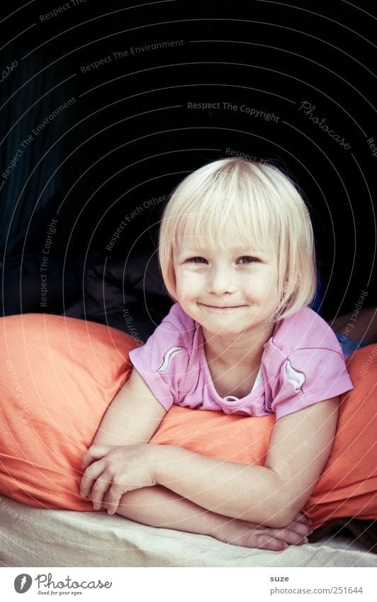 Good child Joy Face Human being Toddler Girl Infancy Arm 1 3 - 8 years Child Blonde Smiling Laughter Lie Small Cute Cushion Colour photo Multicoloured