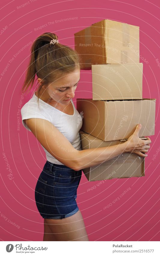 #A# Order Lifestyle Shopping Luxury Esthetic Trade Pink Crate Moving (to change residence) Cardboard Carrying Woman Mail Postman Looking Heavy Colour photo