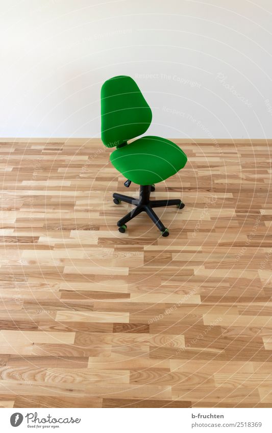 Office chair in empty room Office work Wood Sit Brash Green Loneliness Armchair Parquet floor Empty Unemployment Moving (to change residence) Wall (barrier)