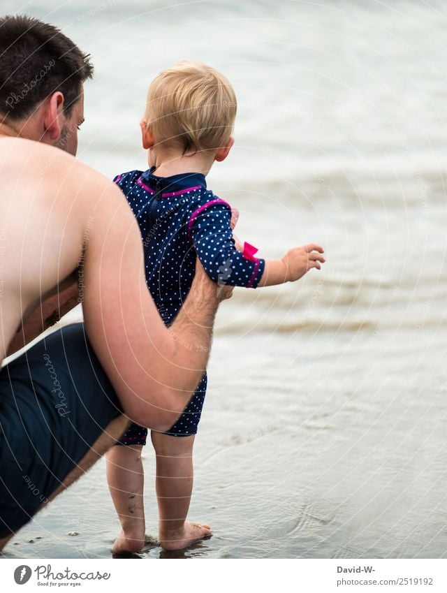 Daddy's watching Well-being Contentment Swimming & Bathing Summer Summer vacation Beach Ocean Island Human being Masculine Feminine Child Baby Toddler Man
