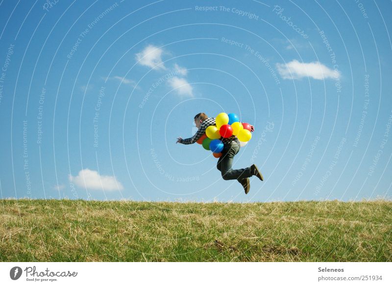 to take off Summer Human being Masculine 1 Environment Nature Landscape Sky Clouds Beautiful weather Plant Grass Meadow Aviation Clothing Balloon Flying Jump