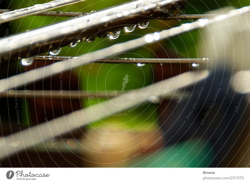 rain rain droplets... Water Drops of water Weather Bad weather Rain Deserted Balcony Terrace Garden Metal Steel Plastic Line Hang Glittering Cold Wet Gloomy