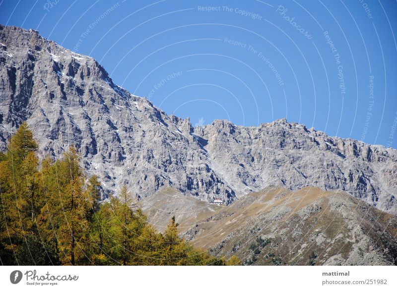 Two shelters Landscape Sky Tree Mountain Gigantic Blue Gray Colour photo Exterior shot Deserted Day Upward