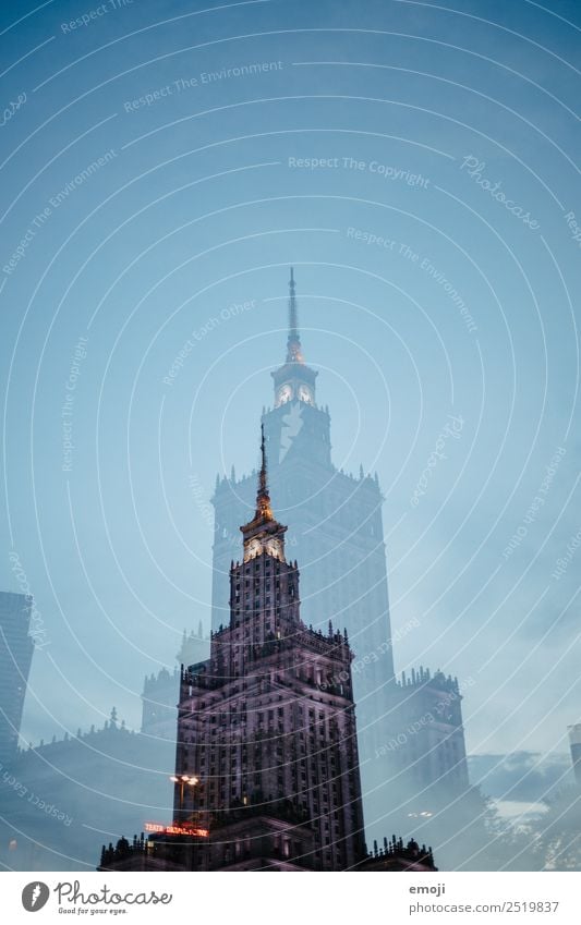 Warsaw X Sky Cloudless sky Town Capital city High-rise Bank building Building Architecture Tourist Attraction Landmark Exceptional Blue Double exposure Warszaw